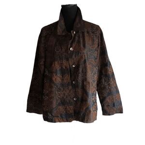 Chico's Black Brown 100% Silk Embroidered Beaded Button up  Jacket Size 2